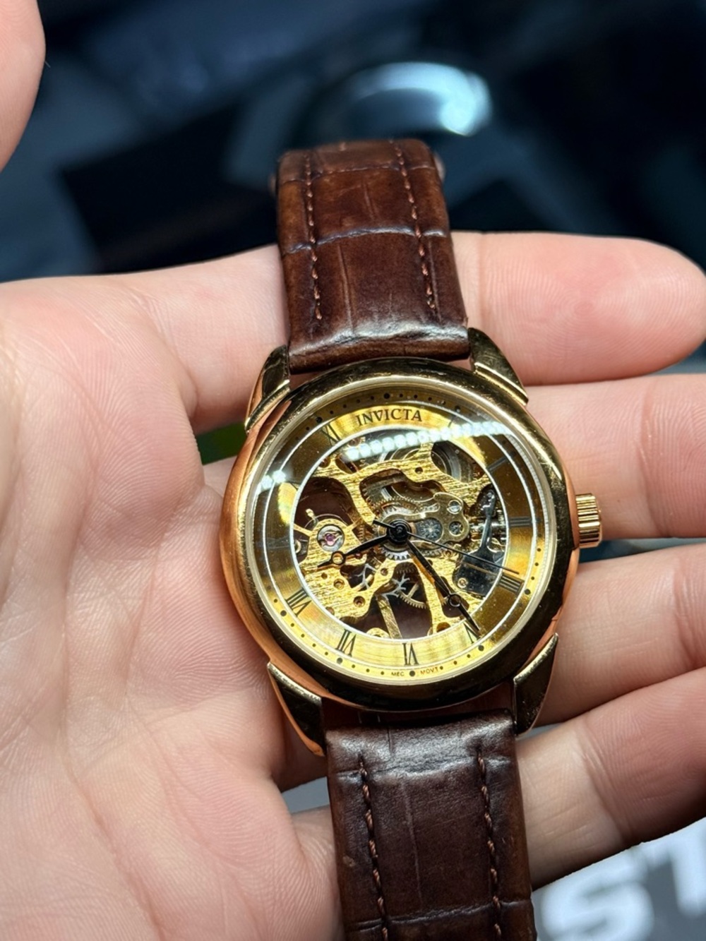Invicta Gold Skeleton Dial with Brown Leather Strap Watch